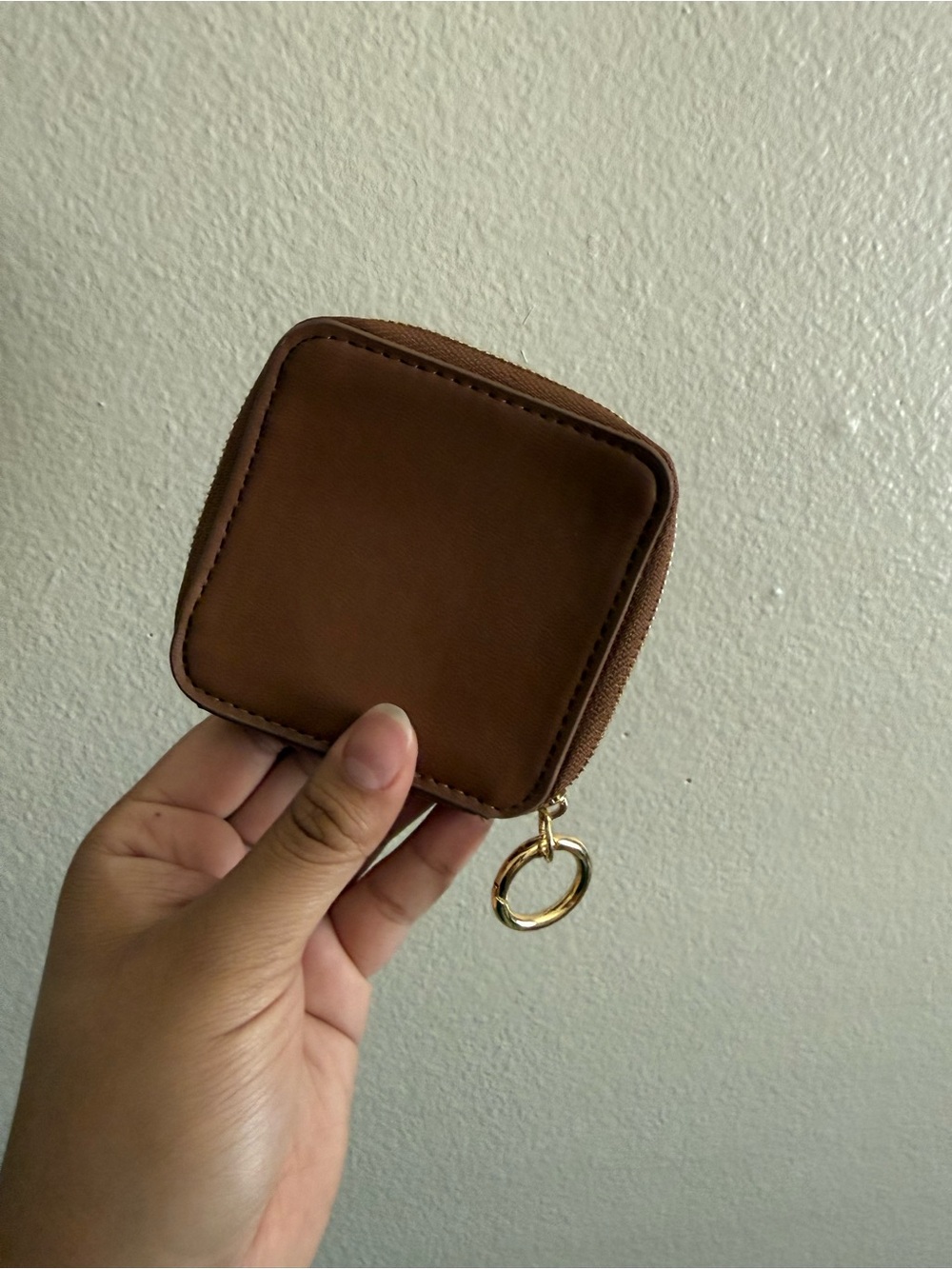 Steve Madden Brown Square Zip Coin Case with Gold Ring